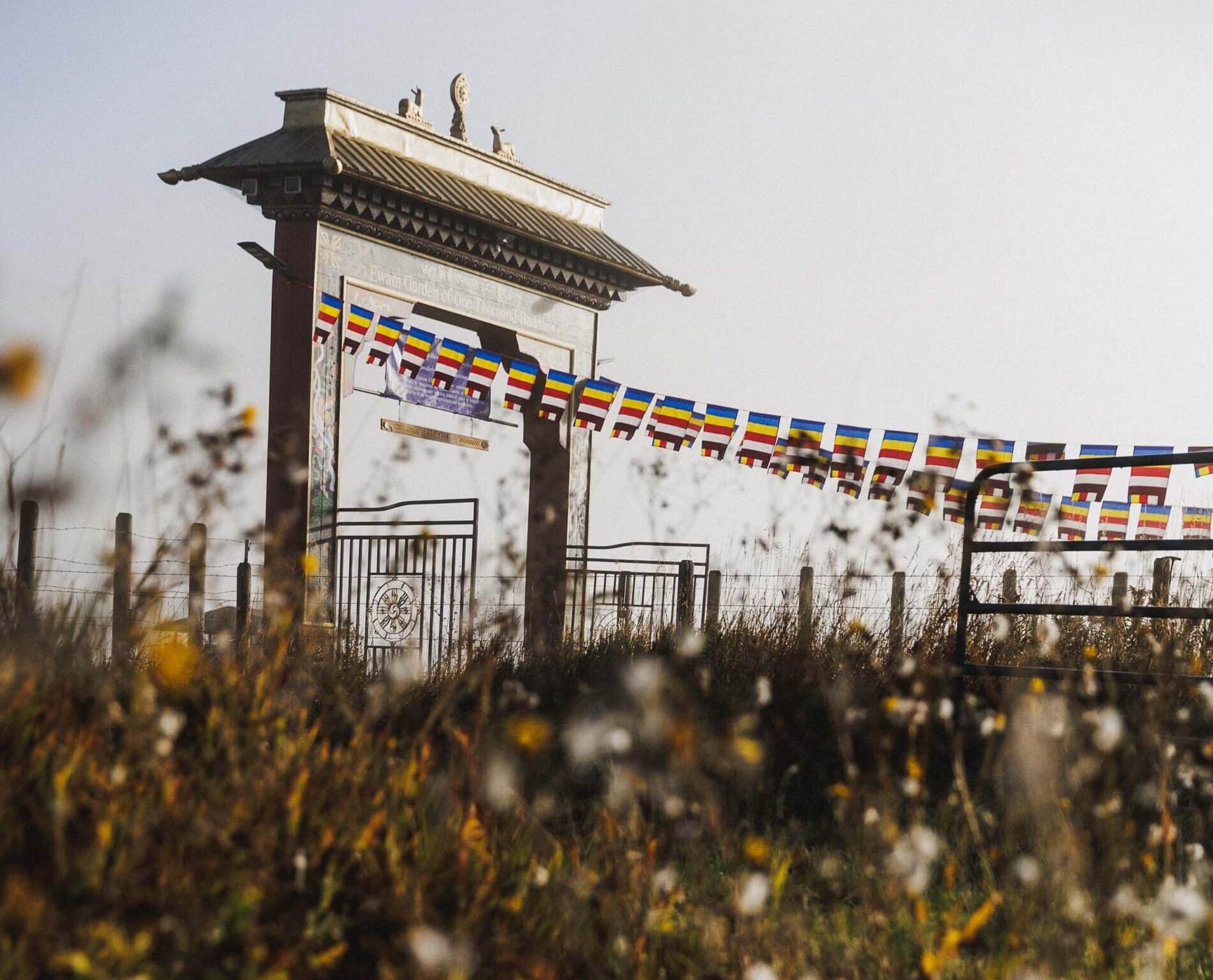Colorful Tibetan prayer flags fluttering in the wind above a gated entrance at the Ewam Garden of One Thousand Buddhas.